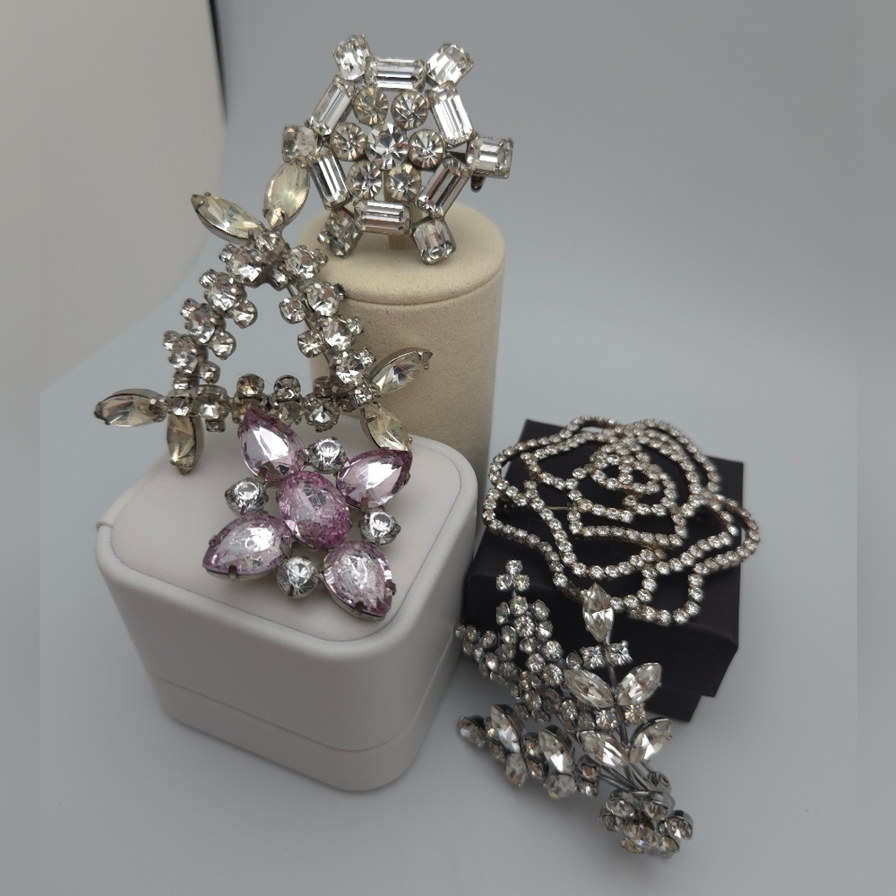 Lot of Brooches Silver Purple Flower w/Rhinestones Statement Pin Great Gift